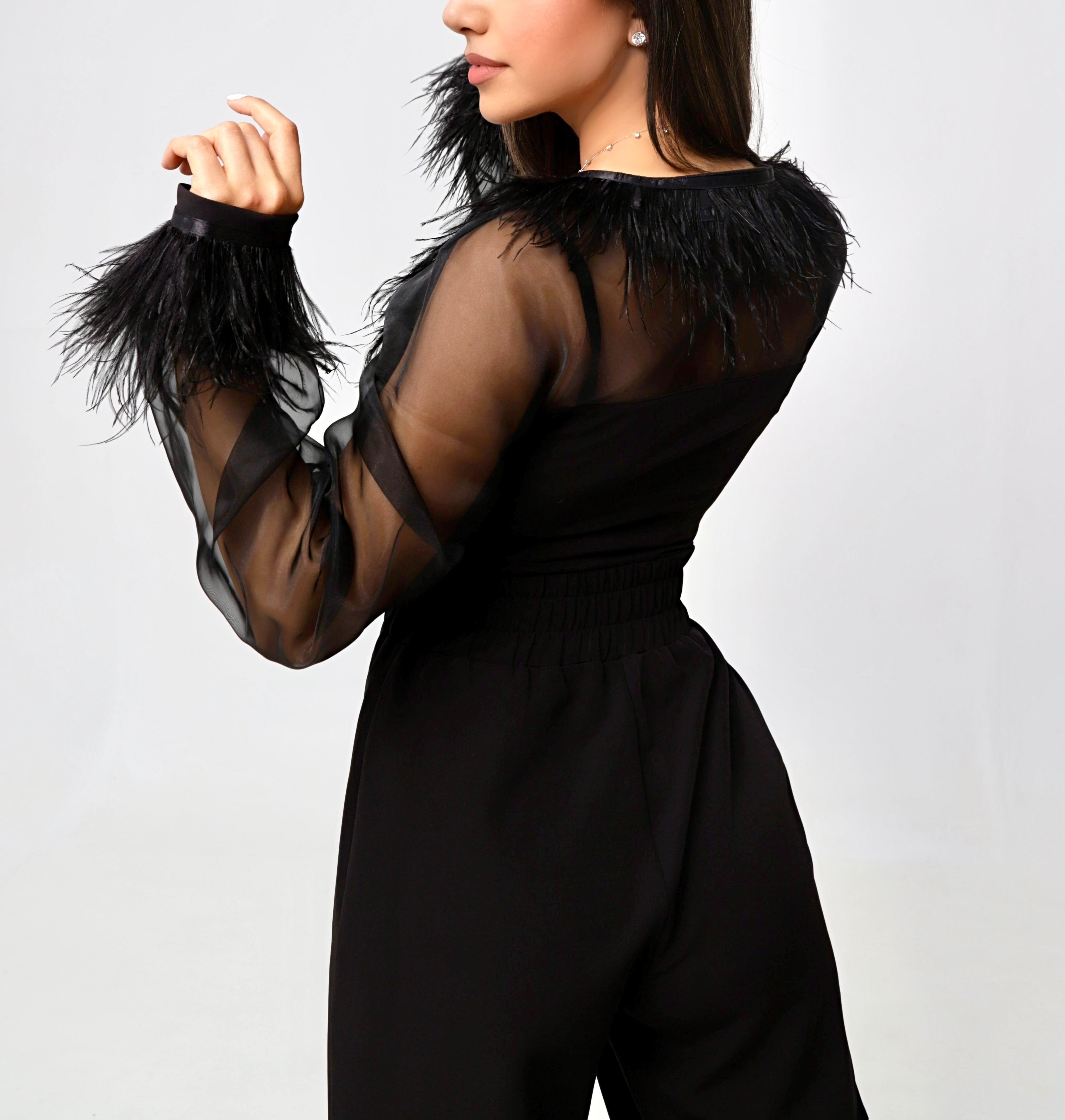 MONSOON BLACK FEATHER DETAILED JUMPSUIT