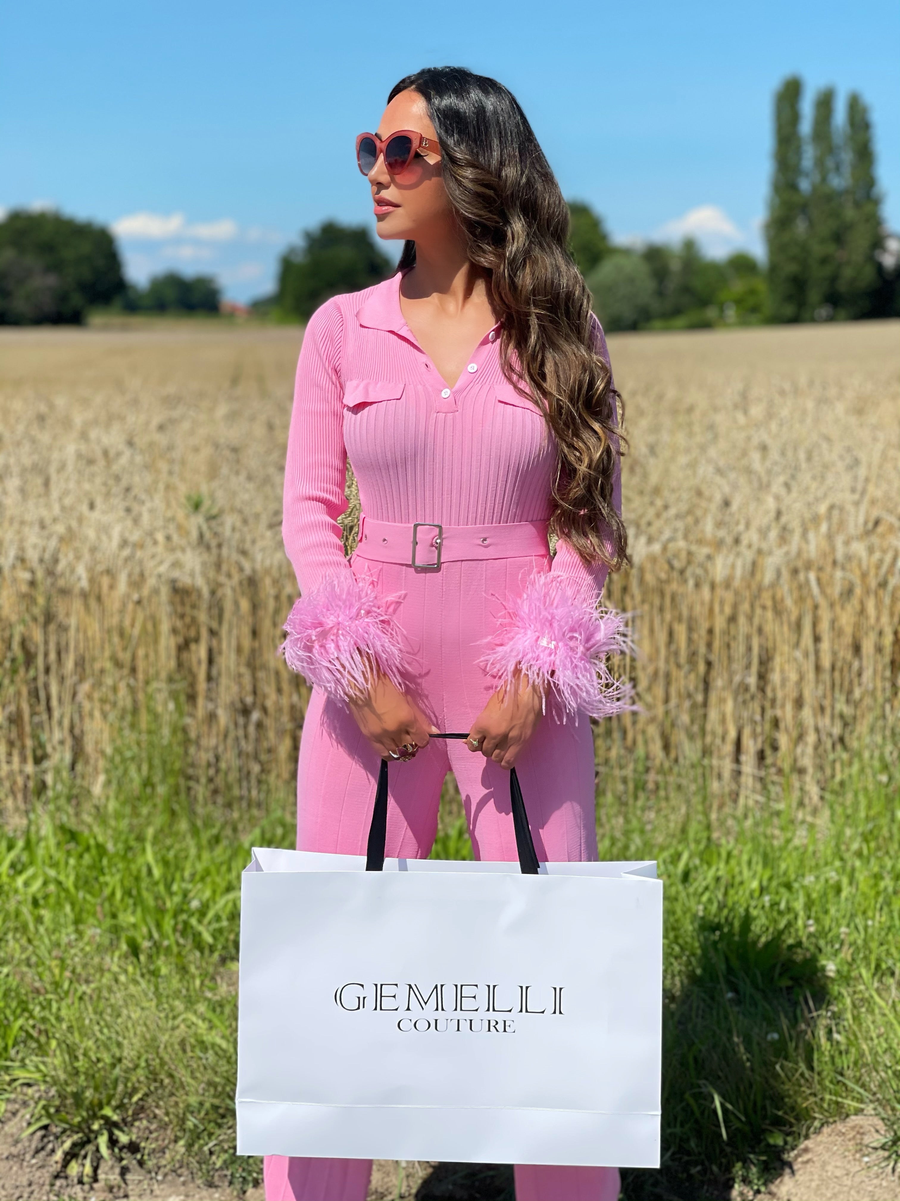 ARIEL PINK FEATHER CUFF  KNITTED JUMPSUIT
